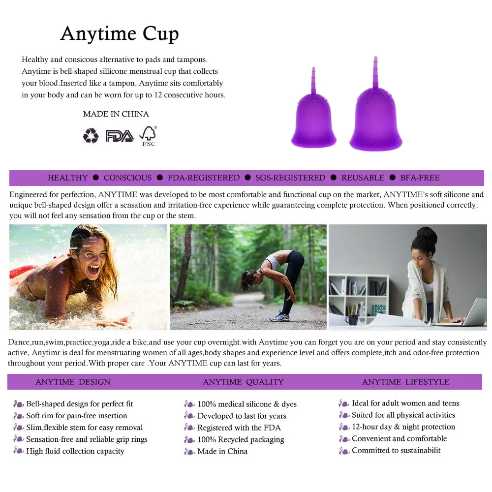 Anytime Feminine Hygiene Lady Cup Menstrual Cup Wholesale Reusable Medical Grade Silicone For Women Menstruation