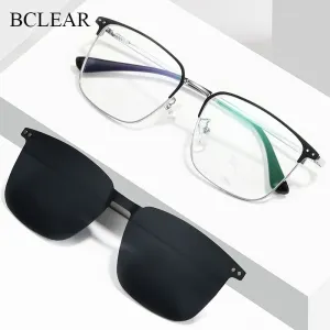 Bclear Men's Full Rim Square Alloy Frame Eyeglasses Clip On Polarized Sunglasses Zt94020