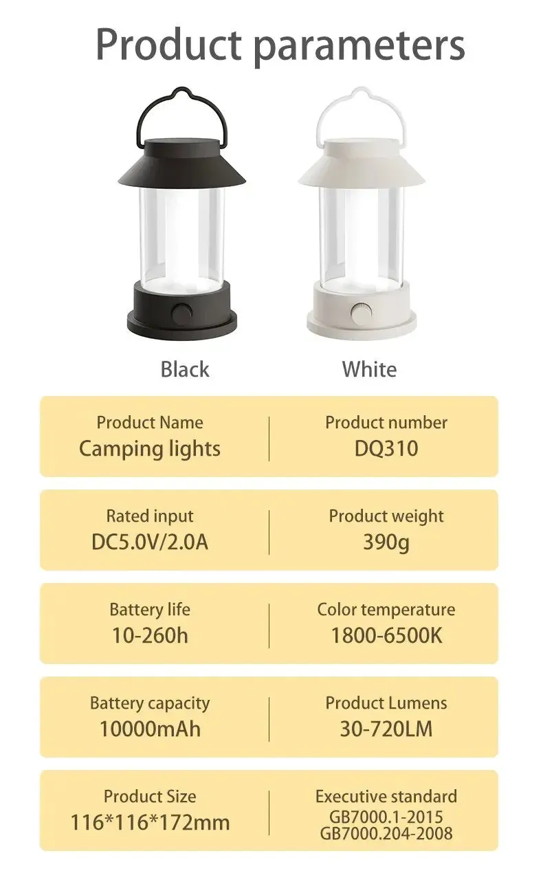 Retro Rechargeable Portable Camping Lantern 10000mAh  3 Lighting Modes.