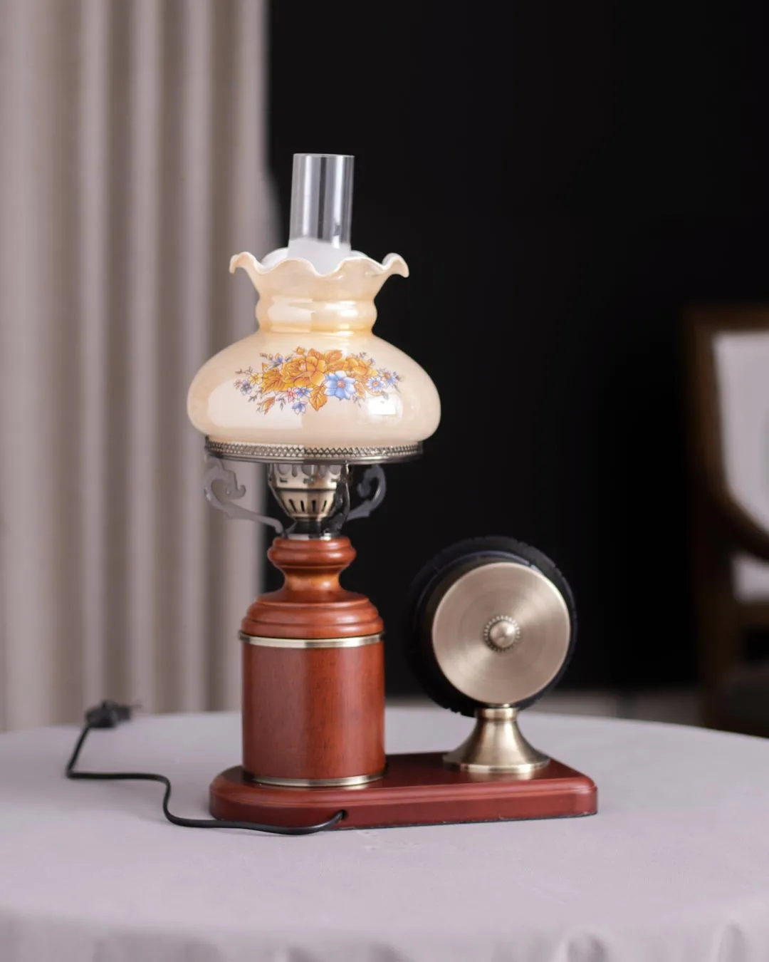 'Time-illuminated' Fenton Lamp w/ Clock & Scalloped Glass Shade