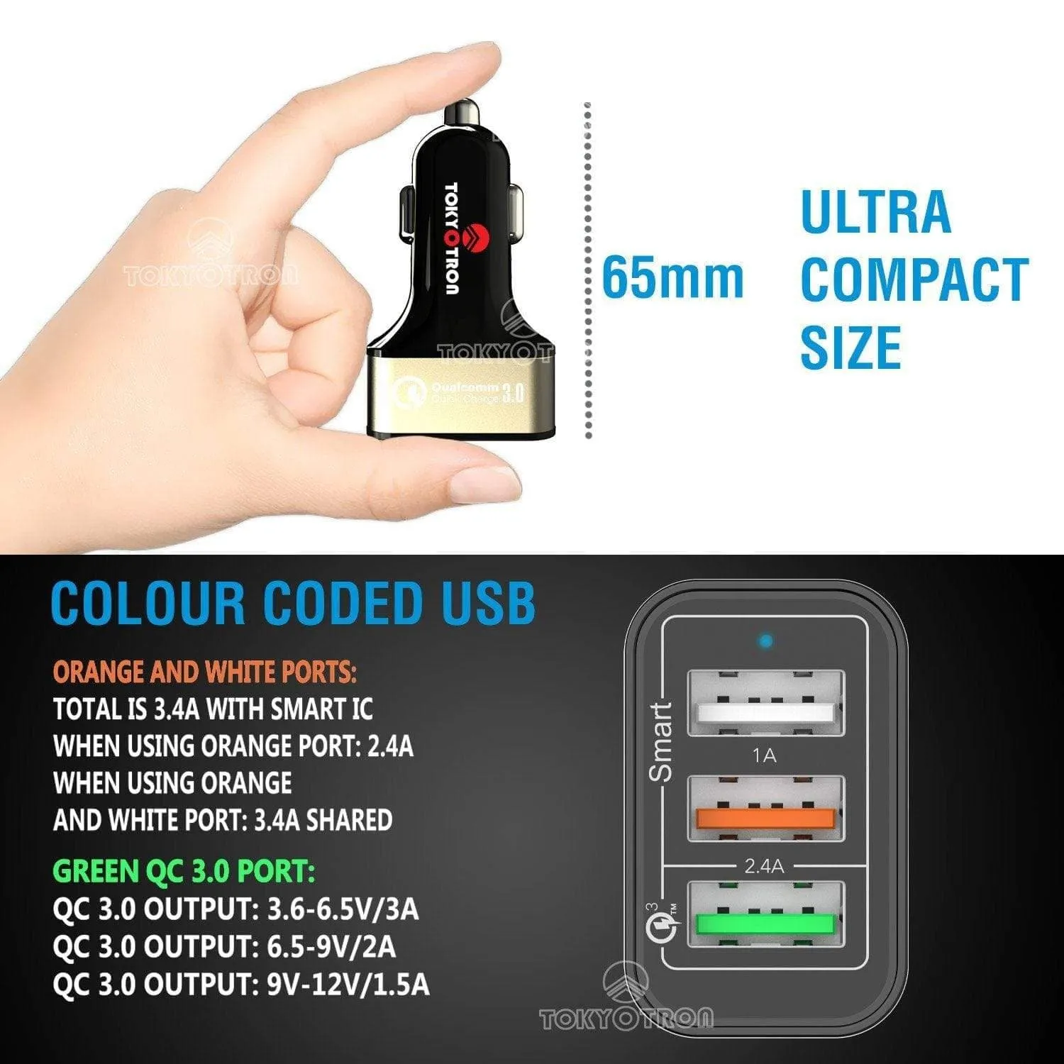 Tokyotron 3 USB Port Car Mobile Charger Qualcomm 3.0 01