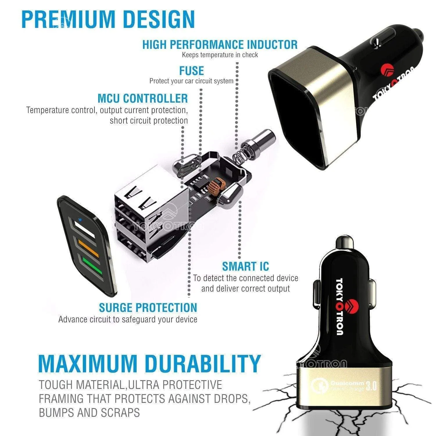 Tokyotron 3 USB Port Car Mobile Charger Qualcomm 3.0 01