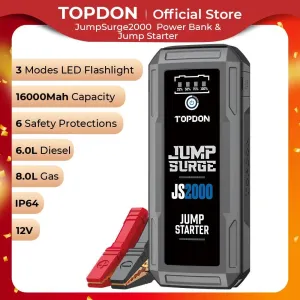 Topdon High-Powered 2000A/1200A Jump Starter & 16000mAh Car Power Bank for 12V Vehicles